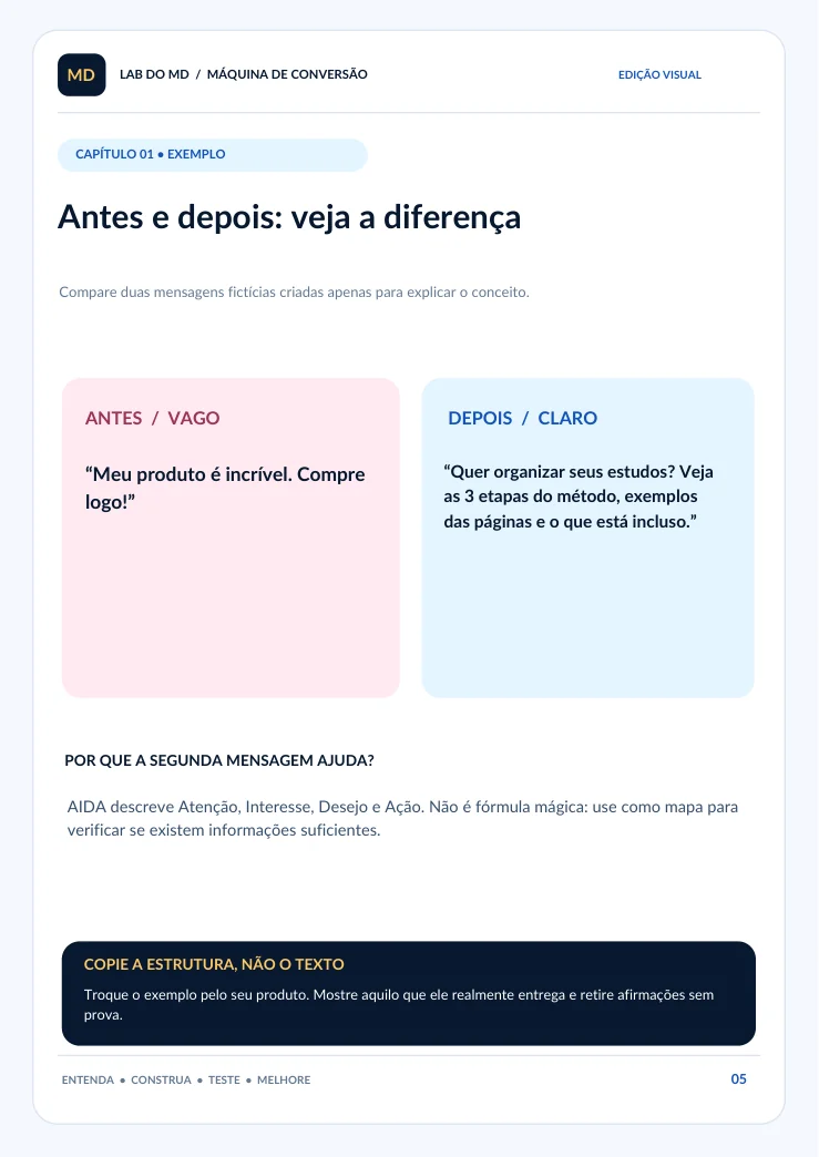 Compare mensagens vagas e claras.